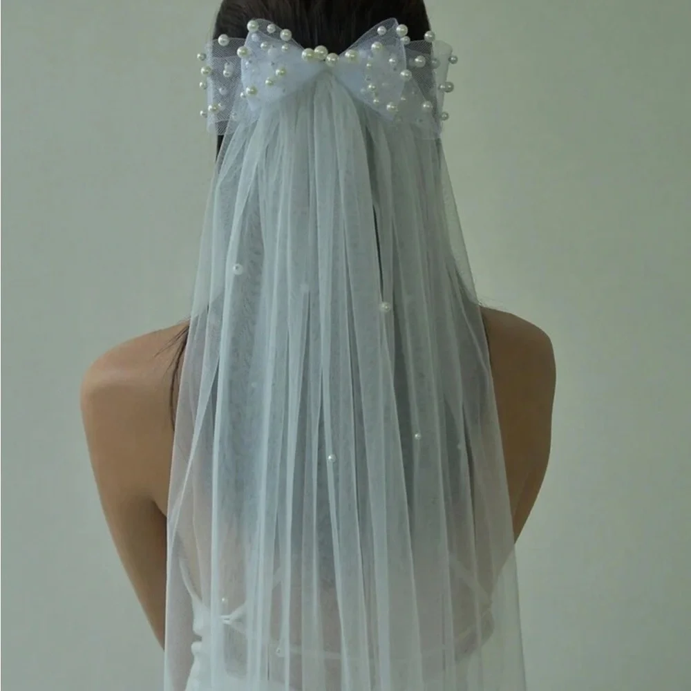 Pearl bow long veil bridal wedding boho chic